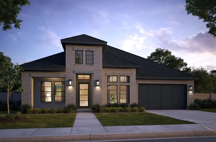 SOUTHGATE HOMES BENNETT floor plan.  For One Story lovers who don't want to compromise living space-The Bennett is our premier one-story floor plan with 3 spacious bedrooms, 3.5 baths, and a layout made for living and entertaining in style. This modern elevation shines with Onyx brick, cedar headers, black window trim and a stately iron front door offering a warm welcome into your forever home. Inside, you’ll find beautifully curated spaces with thoughtful touches throughout, including a private study, media room, and built-in bar—perfect for work, relaxation, and gatherings. At the heart of the home, the gourmet kitchen stands out with dramatic leathered granite counters, Matte Black GE Café professional appliances, and seamless flow into the open-concept family and dining area. Soaring cathedral ceilings elevate the space, bringing in natural light and a sense of openness. The primary ensuite is your personal get-away featuring a spacious bedroom, a luxurious spa-like bathroom with a Jetta soaking tub and a dual head shower. Step outside through the sliding glass doors to your private covered patio, perfect for relaxing and entertaining all year long. Nestled within our newest community Eliana, featuring Prosper schools and McKinney taxes. Welcome Home!