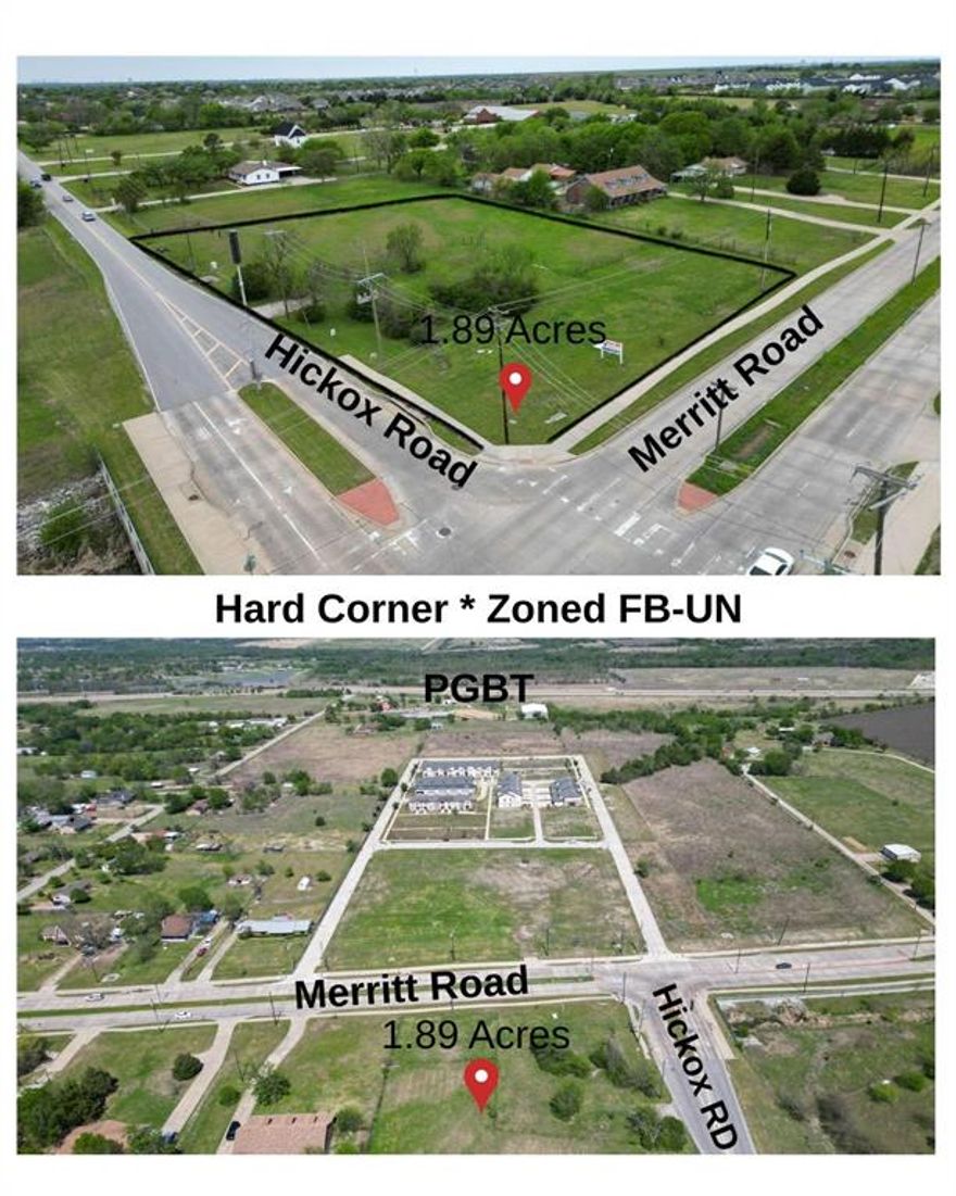 Prime Commercial Development Opportunity – High-Visibility Corner Lot in Rowlett!
Located in the heart of Rowlett TX commercial real estate growth, this site is surrounded by expanding residential communities, retail development, and strong demographic trends. Positioned on a highly sought-after hard corner, this 1.89-acre commercial parcel offers exceptional visibility, access, and development potential in one of Rowlett’s fastest-growing corridors. Ideal for investors, developers, and builders, this property presents a rare opportunity to capitalize on the area’s expanding demand for multi-family, mixed-use, and urban residential development.
This property is a prime fit for buyers searching for North Texas development opportunities, income-producing commercial land, or build-to-rent development sites near Dallas. The FB-UN zoning creates flexibility for urban residential development, retail frontage projects, and walkable mixed-use communities, aligning with today’s highest-demand asset classes. Zoned FB-UN (Form Based Urban Neighborhood) per the City of Rowlett, this versatile designation supports a wide range of building options, including multi-family residential (up to 4 stories), mixed-use developments, shopfront retail, and small apartment communities—perfect for maximizing return on investment. 
Located with direct access to major DFW thoroughfares, including President George Bush Turnpike (PGBT), I-30, Highway 75, and Dallas North Tollway, the site offers outstanding connectivity, ensuring strong traffic exposure and long-term growth potential.
Don’t miss this high-demand development site in a thriving market—an exceptional opportunity to bring your vision to life in a premier Rowlett location.
