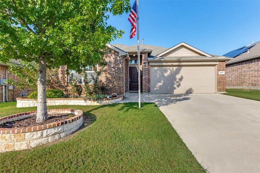 Inviting brick home in the Sendera Ranch community! This 3-bedroom, 2-bathroom home features an open-concept layout, perfect for entertaining and everyday living. The spacious living room boasts a cozy fireplace and flows seamlessly into the dining area and kitchen. The primary suite offers a private retreat, while two additional bedrooms provide plenty of space for family, guests or an office. 

This home also comes equipped with paid-off solar panels, providing energy savings, and a water softener for added comfort and convenience. Step outside to a generous backyard with a storage shed—ideal for tools, hobbies, or extra storage. A 2-car garage adds convenience and functionality.

Located in Northwest ISD, Sendera Ranch offers unmatched neighborhood amenities, including 4 pools, 5 playgrounds, basketball courts, soccer and baseball fields, a hockey rink, clubhouse, gazebo, ponds, and scenic walking trails.

This home combines comfort, community, and convenience!