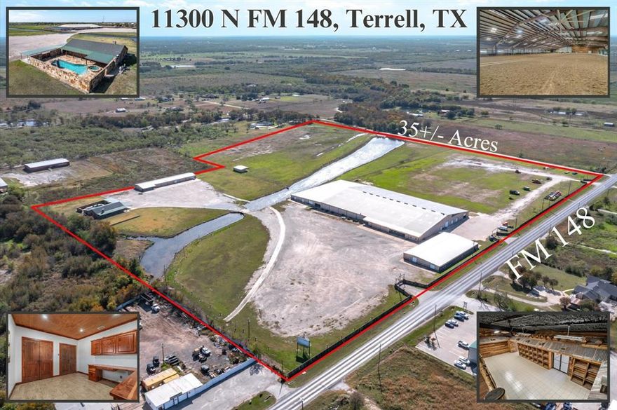 This outstanding investment & business opportunity is a one of a kind property that would be perfect for a variety of businesses! Prime location in the HOT and growing development area in Terrell. Located on 35+- AC, property features 80,000 SF building with established indoor arena, seating, concession stand, 149 custom stalls, and 10,000 SF 2-story retail space. Additional metal building with offices, HVAC warehouse, conference room, 2 baths & kitchen. Beautiful rock 2168 SF, 3-bed, 2-bath home could be utilized as office with nice rustic finishes, pool, spa, waterfall, slide, outdoor kitchen, garage & carport. Property has it all, including multiple stall barns & 50 RV hookups. Previously utilized as equine & event facility with excellent visibility on FM 148 less than 0.5 mile from I-20 TXDOT Annual Count 38,123. Convenient to the Buc-ee’s and Crossroads of Terrell with many restaurants, shopping, hotels & more coming! Dual frontage with 1285 FT on FM 148 & 1361 ft on Davis Lane.