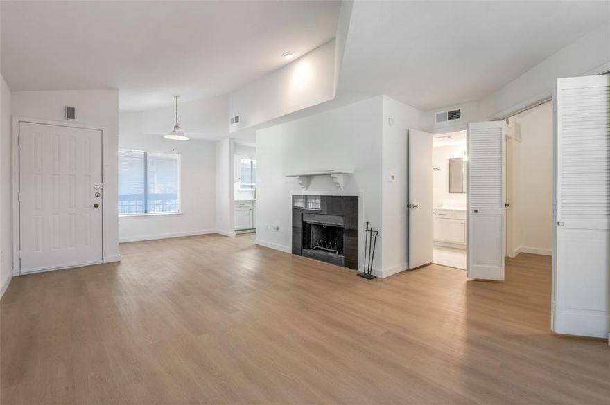 Beautiful completely renovated condo featuring vaulted ceilings, wide-plank wood flooring, and abundant natural light. Spacious living area and dining nook with cozy fireplace that opens to a private covered balcony overlooking the landscaped courtyard and pool. Updated kitchen with white and bright cabinets, quartz countertops, stainless steel appliances, and modern hardware. Generous bedroom with vaulted ceiling and walk-in closet. Updated bath with quartz vanity. Quiet community that offers a resort-style pool and spa as well as secured and gated access. Convenient location with easy access to shopping, dining, and major highways. Move-in ready.  Seller is open to seller financing as well as lease to own.  Property currently also available for lease.