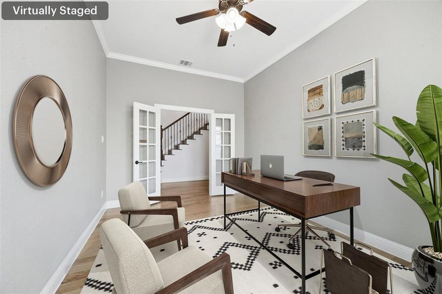 Stunning west-facing home has been meticulously maintained and is truly move-in ready, boasting an open-concept floorplan filled with natural light. Curb appeal begins with a timeless stone and brick façade. Inside, you are welcomed by two bedrooms that share a full bath. A spacious office with French doors offers privacy and makes working from home a breeze. The chef’s kitchen is a dream, featuring a large island, breakfast bar, designer tile backsplash, stainless steel appliances, gas range, pantry, and a sunlit breakfast room. Open to the living room, you’ll enjoy a cozy corner fireplace, walls of windows, and sweeping views of the extended patio. The backyard is a highlight, especially at night, with a built-in firepit perfect for entertaining. The much-desired primary suite is conveniently located downstairs and provides a tranquil retreat. Upstairs, you’ll find a versatile second living area and an additional bedroom with a full bath. The garage features professionally installed epoxy flooring and mounted storage for convenience and security. Additional peace of mind comes with the Level 4 roof installed in 2022. This gorgeous home combines style, comfort, and function—schedule your private showing today!