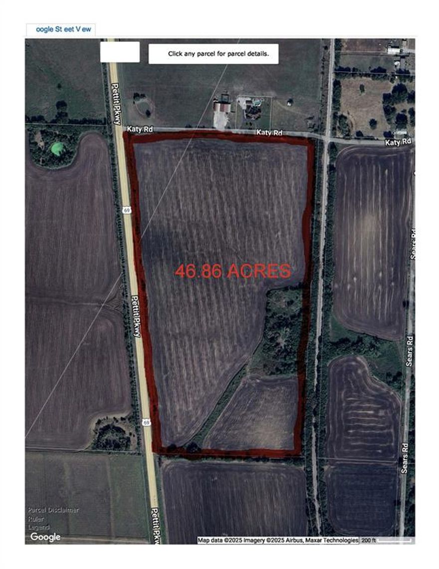 46.86 Acres on the southeast corner of US 69 and Katy Rd. 2 road frontages.  Approximately 1,995 linear feet on US 69 highway frontage and 1,167 linear feet of Katy Rd frontage. The parcels just south of this property are in Whitewright. Great piece of land. Currently in Agriculture status. Opportunity to buy and hold for future potential commercial development use. According to the MLS, the property is NOT located in a floodplain. It is in zone X. There are 2 Property ID numbers for this property: 265707 (3.7 Acres) and 265708 (43.16 Acres). Please note property descriptions as follows: G-0265 CORNEAL P T A-G0265, ACRES 43.16 and G-0265 CORNEAL P T A-G0265, ACRES 3.7. All information contained in the MLS is deemed reliable, but not guaranteed. Please perform your due diligence.