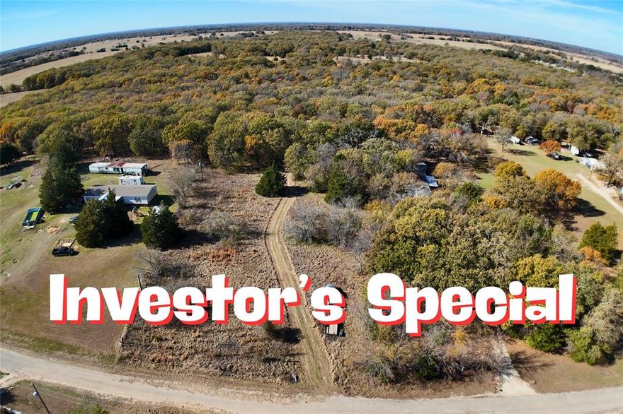 Investor special on 3.58 acres! This 60x32 doublewide appears per public records to have never been moved and is registered as real property with the county. Home is in need of repairs and will not qualify for traditional financing. Cash or hard money loans only. Secluded and private setting, just 45 minutes from Dallas. Ideal for a renovation project or peaceful country retreat.