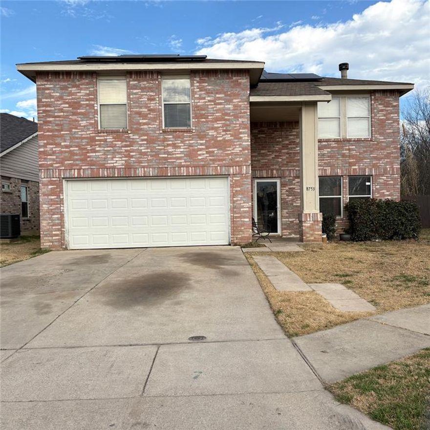 Positioned just 20 minutes from downtown Ft. Worth. Large home in a cul de sac with an open floor plan but needs  TLC and cosmetic work. Partial garage conversion that can be converted back. Home also has solar panels.  Buyers bring your ideas and creativity to customize to your personal taste.  This home has a lot to offer. Check out the  room sizes. All bedrooms upstairs including an extra room upstairs  for a 3rd living-game room.  All hard surface flooring & tile.  Community Pool and Playground nice neighborhood and easily accessible to shopping.  Property being sold As-Is condition & presents a unique opportunity for investors and buyers with a vision..  Seller does not have a survey