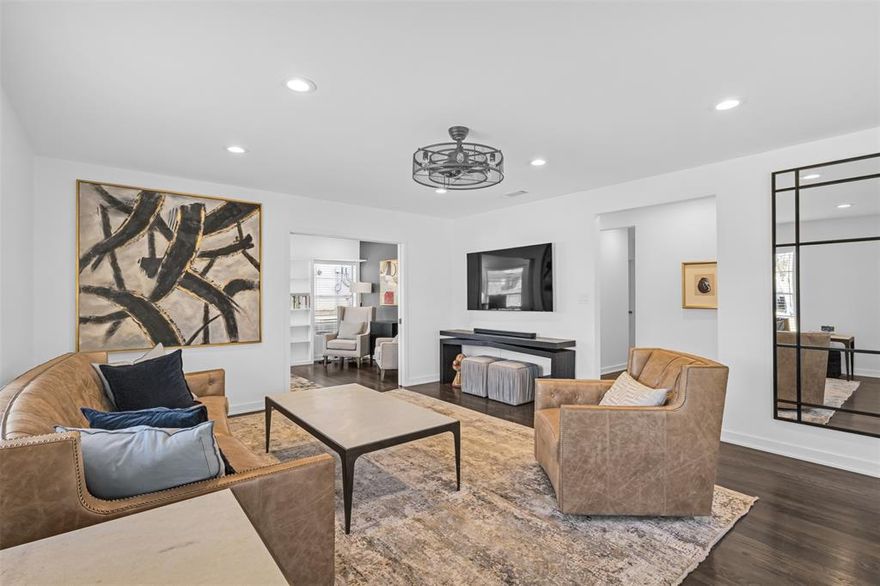 A rare east-facing find in the heart of the Shorecrest-Bluffview area, this charming residence immediately captures attention with its picturesque, tree-lined street and exceptional curb appeal. The recently renovated, light-filled interior features a thoughtfully designed open layout that seamlessly connects the main living area and dining space. A second living area offers flexibility for use as a den, playroom, or additional study. Refinished hardwood floors add warmth and character throughout. The kitchen is a contemporary culinary space showcasing shaker-style cabinetry, quartz countertops and backsplash, stylish two-tone finishes, and stainless-steel appliances, complemented by a cozy breakfast nook ideal for casual dining. The oversized primary suite is a true highlight, featuring soaring pitched ceilings with exposed beams and direct access to the private backyard. The en-suite bath includes dual vanities, and walk-in closet. A spacious utility room is conveniently located near the primary bedroom. Two additional bedrooms and a beautifully updated secondary bath featuring an oversized stand-up shower and dual sink provide ample space for family or guests. Outdoor living is elevated by the expansive fenced backyard, complete with a large deck, custom pergola, and generous green space, perfect for entertaining or quiet relaxation. Ideally located within walking distance to lush greenbelts, parks, woods, and creeks, this home offers a peaceful retreat while remaining close to city conveniences. Minutes to Central Market, Trader Joes, Eat-Z's, North Dallas Tollway and Inwood Village.