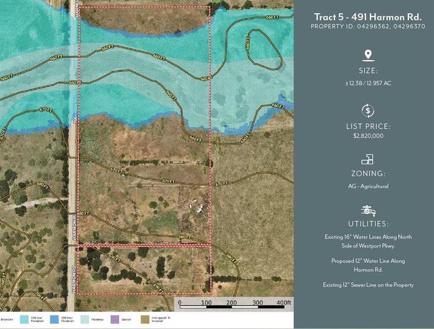 NOTE: This listing is comprised of two separate parcels, both with different Property IDs and addresses according to Tarrant CAD (Property ID #04296362 is listed as 405 Harmon Road, and Property ID #04296370 is listed as 491 Harmon Road). The listing is being offered as +- 12.38 Gross Acres. All acreages are approximate.

This property is one of multiple properties in a portfolio of land tracts offered for sale by the City of Fort Worth. All properties are being offered for sale as part of the FAA's Noise Mitigation Program. The properties will be sold with Deed restrictions in place for certain noise-sensitive uses, including: residential, institutional, and recreational uses.