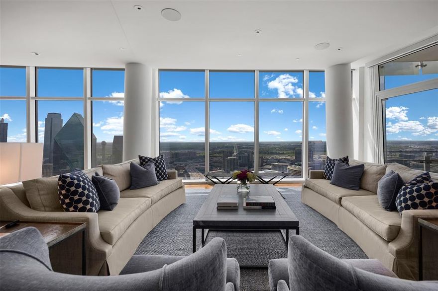 Enjoy magnificent sunrises and sunsets from this stunning 39th floor home in iconic Museum Tower.  Unparalleled panoramic views capture the dramatic skylines and landmarks of both Uptown and Downtown Dallas.  This rare home occupies a spacious half floor with 10’ ceilings throughout and private elevator access into the home.  Custom, luxurious finishes include walnut hardwood floors by French Brown, Phillip Jeffries wallpapers, Waterworks fixtures, Bardiglio and Palisandro marbles, and Blue Iceberg calcite.  Kitchen features Gaggenau appliances including microwave, warming drawer, double ovens, separate steam oven, dual dishwashers, refrigerator-freezer, and wine refrigeration.  Lutron HomeWorks lighting and automated shades.  Control 4 media system and climate control throughout.  Ideal location overlooking beautiful Klyde Warren Park, the Pritzker Prize-winning architecture of Dallas Arts District’s performance venues and museums, and numerous restaurants.  Available fully furnished.