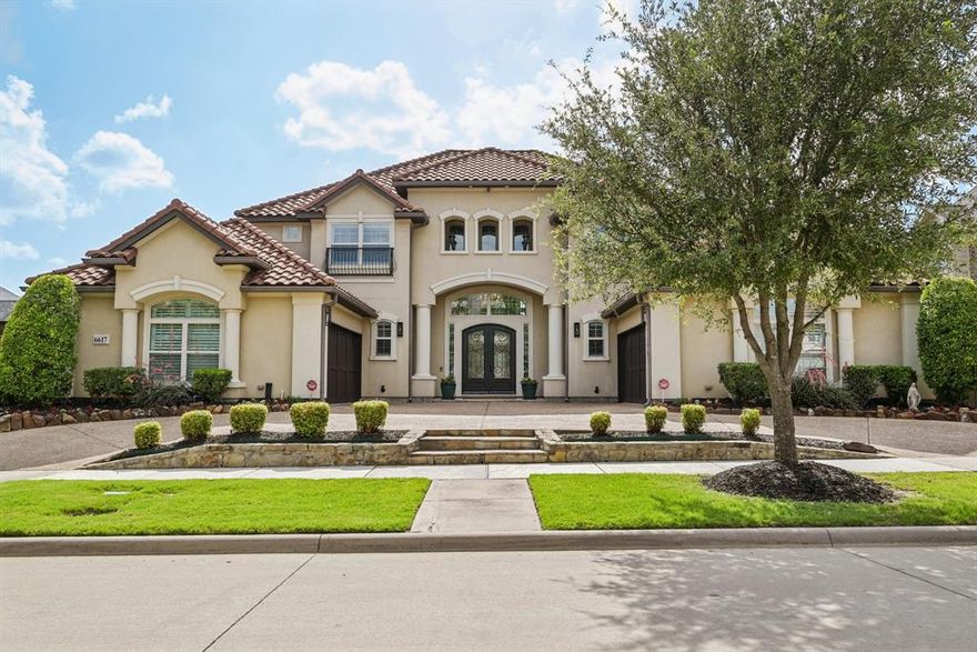 Discover refined elegance and grand design with this extraordinary Toll Brothers Montelena plan home which is nestled in the coveted gated Richwoods community. This thoughtfully designed 6-bedroom, 6-bathroom, 6,435 sqft home offers luxury and functionality. Boasting Mediterranean charm with a stunning Spanish tile roof, a governor’s drive with four-car garage, this home is the perfect blend of timeless architecture and modern luxury. From the moment you enter, you're greeted by an awe-inspiring double winding staircase and a dramatic 20-foot foyer that sets the tone for the home's exceptional scale and beauty. Bathed in natural light and framed by walls of windows, every space is designed to impress—from the elegant formal living and dining rooms to the custom wine cellar, perfect for entertaining. Featuring a spacious primary suite on the main level with a spa-inspired bathroom, oversized shower, and dual vanities you will feel truly relaxed at home here. Two additional guest bedrooms with en-suite baths are on the first floor, ideal for hosting visitors or multi-generational living, plus a flex study room. Upstairs, the home continues to impress with three more generously sized bedrooms, all with ample closet space, and additional full bathrooms. The game room and media room provide endless opportunities for relaxation, recreation, and family fun. At the heart of the home lies a gourmet chef’s kitchen, complete with double ovens, a large walk-in pantry, and designer lighting, seamlessly transitioning outdoors, where a private resort-style pool and spa await, surrounded by a generous covered patio with a wood-burning fireplace—an entertainer’s dream all year-round. Pride of ownership shines throughout this home which has been lovingly maintained by its original owner, and it shows in every detail. Frisco ISD schools, minutes from shopping, dining and Hwy 121. Residents also enjoy guarded gate security, a clubhouse, fitness center, and resort-style community pool.