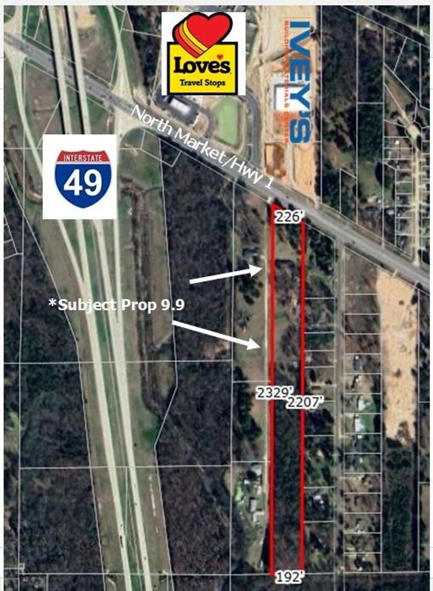 This nearly 10 acre parcel is directly across from Love's Travel and Ivey's Building Material on North Market or Hwy 1 North in North Shreveport. Almost 200' across for road frontage and 2300' deep for your large parcel. You are two driveways away from I-49 exit and entrances.  North Shreveport is growing like crazy. Your next commercial venture could be right in the middle of it.  I-49, North Market, Hwy 1, I-220 to Bossier or to Texas is only 3-4 miles away. You can also be in downtown Shreveport in less than 10 minutes or when they do open I-49 all the way in, you can be downtown in 5 or less. If your new business loves the water, Caddo & Cross Lakes are minutes away and you can also be to Bossier Water & Lakes in less than 30. Texarkana by way of I-49 is only 70 miles. So much right here at this location. There was a residence here before so there are utilities. Swepco Electric & Delta Utilities (used to be Centerpoint) for gas.  There are two working wells for water but also access to Pinehill Water or Blanchard Water if you work either one of those out.  If you are not from this area, check out the pics of all the commercial things going on in North Shreveport right now. Property will be zoned into Blanchard as Light Commercial.  BRING ALL YOUR QUESTIONS, WE'LL TALK!