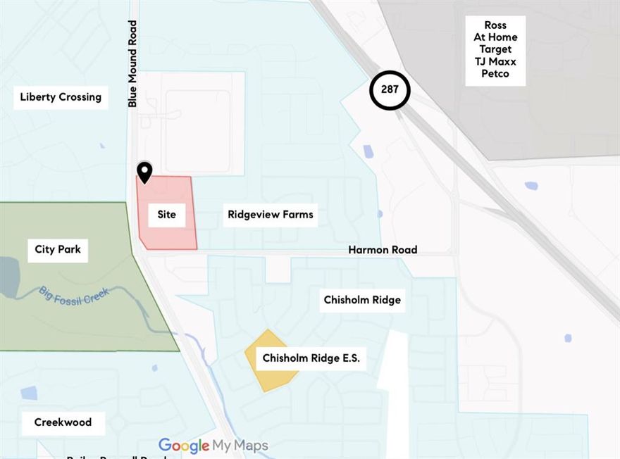 9.4 acres on hard corner of Blue Mound and Harmon. Currently AG exempt and zoned “E” Neighborhood allowing for retail sales, banks, restaurants, gasoline sales, and bakeries. Seller Financing available.