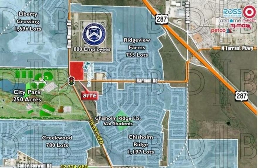 9.4 acres on hard corner of Blue Mound and Harmon. Currently AG exempt and zoned “E” Neighborhood allowing for retail sales, banks, restaurants, gasoline sales, and bakeries. Seller Financing available.