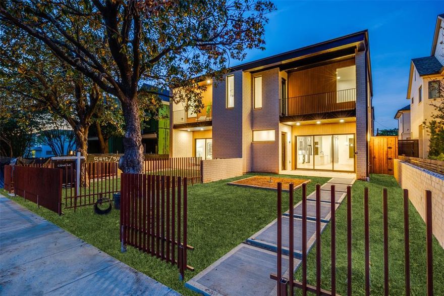 Architecturally striking new-construction SFA in the heart of the Upper Greenville entertainment district. Designed by AIA award-winning architects Far + Dang and built by Cobalt Homes, this contemporary residence blends modern design with exceptional walkability to top restaurants, shopping, trails, and Glencoe Park. Light-filled open floor plan features wide-plank white oak hardwoods, soaring ceilings, and a designer kitchen with custom cabinetry, waterfall island, and Bosch appliances. Offering 3 bedrooms, 3.1 baths, plus a private study and upstairs flex space. Spa-inspired primary suite with freestanding tub and oversized shower. Multiple outdoor living areas include a large gated front yard with a gas fire pit, a covered patio, a side yard, and a third-floor balcony. Smart-home features, a tankless water heater, and premium finishes throughout. A rare opportunity for modern living in one of East Dallas’ most vibrant neighborhoods.