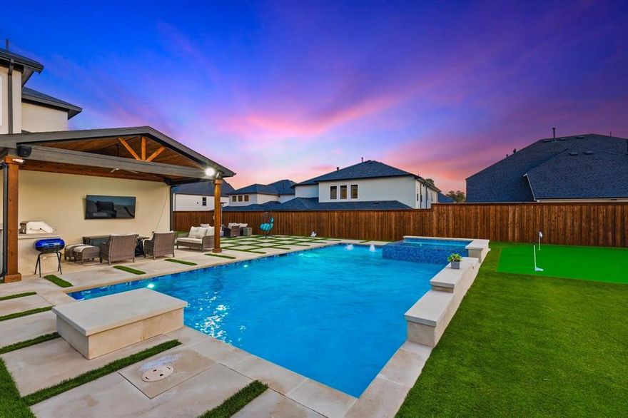 Welcome to this exceptional home in a gated community offering 4,490 sq ft of upgraded luxury with 5 beds and 5.5 baths in the heart of Copper Canyon. Designed for both comfort and entertaining, this home features soaring ceilings, abundant natural light, and a seamless open-concept layout. The gourmet kitchen flows into spacious living areas, complemented by a custom wet bar with built-in wine cooler and bar refrigerator. The primary suite includes his & hers walk-in closets, while all bedrooms feature walk-in closets. Bathrooms showcase designer tile finishes throughout. Enjoy a super extended game room and a media room wired for surround sound. Functionality meets style with a 3-car garage with overhead storage, multiple storage rooms, and a laundry room pre-plumbed for a sink. Step outside to your private resort-style backyard featuring a 35’ x 25’ pool (7.5 ft deep) with waterfall, premium turf, putting green, stone walk pathways, extended covered patio, and outdoor kitchen with grill—perfect for entertaining. Located in a highly rated school district with Whole Foods, shopping, and dining ~1 mile away, this home offers both convenience and privacy. Plus, enjoy a low 1.8% property tax rate. A rare turnkey luxury opportunity—this home truly has it all.