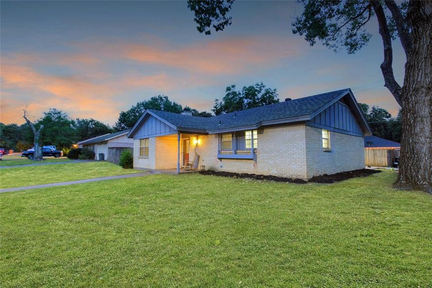 SUPER CHARMING HOME!!! in Hurst's Reaves Park neighborhood...it's 3 or 4Bed, with 2Bath and 2 Car Garage home.  This single story home rests on a generous corner lot surrounded by mature trees, conveniently located just a short walk away from Donna Park Elementary and just blocks from the Community Playground. The spacious living areas provide are roomy for entertaining guests and relaxing with family, and that spreads easily outdoors to the inviting covered cedar patio with lighting and a fan and walking stones to an amazing childrens' play area! Kitchen features stainless steel and black appliance and ample cabinetry for storage. 3 great-sized bedrooms including the primary suite, plus one secondary bedroom incudes a custom built-in desk with shelving. Storage shed with electricity and stringed lighting in the backyard. Situated in the highly desirable HEB ISD, this single story home is also near popular eatertianment venues.