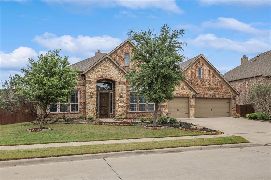 Welcome home to this beautiful, single story, custom Landon home located in the prestigious Frisco ISD! This amazing open concept floor plan features a 3 car garage, 4 beds, 3 baths, study, and media room. The chef's kitchen showcases stainless appliances, large island with upgraded granite countertops, walk in pantry, butler's pantry and desk area! Perfect, neutral color choices, light and bright with gorgeous hardwood flooring, fresh paint, and new carpet! Large primary suite has an ensuite bath with spa like garden tub and dual vanities. Enjoy Texas summers on your extended back patio and huge, flat backyard perfect for a pool. Great community with tons of amenities. Elementary school is within the neighborhood just a few blocks away. Ready for immediate move in!