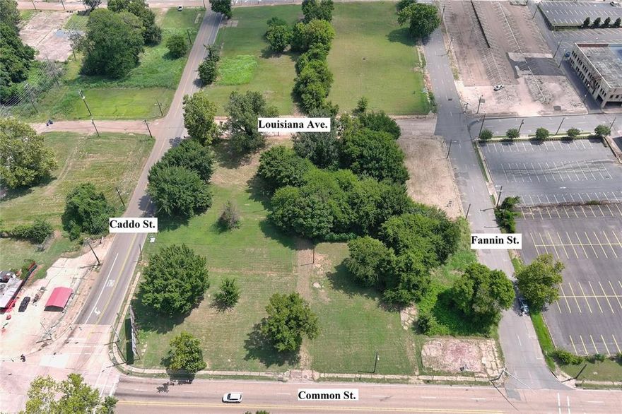 Promising Downtown Shreveport Development property, one city lot , Lot 11,(see color-coded plat) 6000 SF,  with 40 feet frontage and 150 feet depth; very close, 80 feet, to the Bayou Grande Apartment Complex (1000+ residents) nearing completion on the corner of Common and Caddo Streets .It is near the future site of the State Office Building (the old Federal Courthouse) on Fannin Street, the District Courthouse, several loft apartmenmt buildings and the Riverfront casino entertainment venues . This lot, Lot 11,  along with Lots 9 and 10 on the corner of Caddo and Common Streets, 18,000 SF, is an excellent location for a gas station-convenience store, a grocery store or a mini WalMart. Several  additional lots are also available on Block 2.