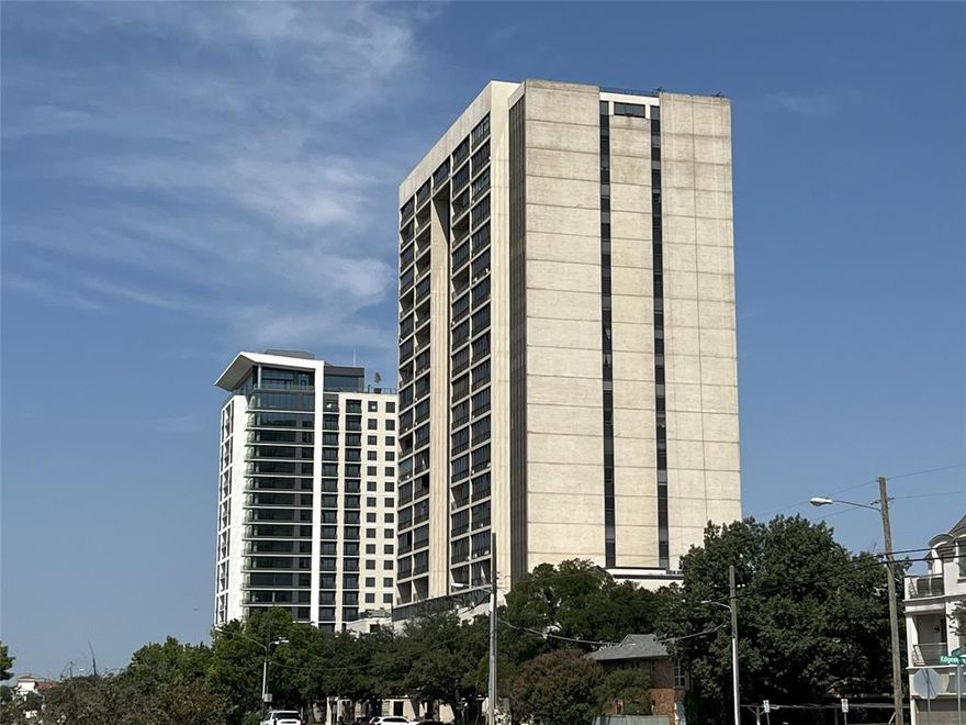 Welcome to the Athena, a full-service high-rise condominium and distinguished luxury landmark. Unit #918 offers a sweeping 180-degree south-facing view of Park Cities with the Downtown Dallas Skyline as a backdrop. This custom unit features two spacious bedrooms, two and a half bathrooms, two expansive living areas complete with a classic bar, two dining spaces and a laundry area. Extensive custom built-ins, cabinetry and closets provide exceptional storage throughout. The building is conveniently located near retail centers, restaurants, Park Cities, and downtown Dallas. The Athena maintains a smoke-free environment and does not permit pets. HOA dues cover comprehensive utilities, plus internet and WiFi access throughout the property, cable television, security, concierge staff, grand lobby, assigned garage parking and storage unit, gym facilities, a large indoor heated saltwater pool, entertainment rooms, and additional amenities. Please note that estimated taxes are shown without exemptions. This prized unit offers tranquil living and impressive views, particularly at sunset...recent sunset photos taken by owner from 918's living room.