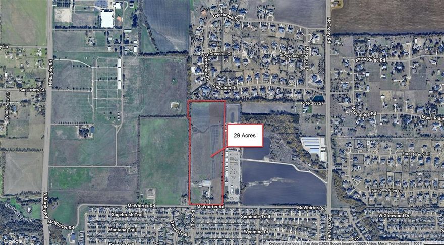 Prime unincorporated 29-acre property located in the southeast quadrant of Parker Road and N. Murphy Road. This properties 1,976' west property line boarders the proposed development by Centurion American Development Group that has revealed plans for the 241-acre Southfork Ranch in Parker. The 29 acres consists of three Tax Parcel ID numbers of which the 21-acre and 7-acre parcels are currently with agricultural exemptions. The 630' of McWhirter Road frontage sits directly across the street form a large established home development and 1 acre plus, multi-million-dollar homes on the north property line. Call your investors and developers before this prime development opportunity gets away