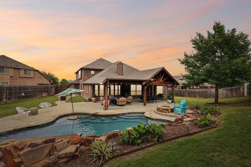 Welcome to 8100 Bonanza Street, a stunning custom home in Lakes of Cross Oak Ranch, set on an oversized cul-de-sac lot with a rare .3 acre homesite. Properties like this are increasingly scarce in the area, making this a unique opportunity to own a home that truly stands out. This residence offers the perfect blend of thoughtful design, high-end upgrades, and an exceptional location near Lake Lewisville.

Step outside to your private resort-style backyard, featuring a sparkling pool with waterfall, bar seating, fire pit, and expansive covered patios, ideal for entertaining or relaxing. The spacious yard extends beyond the pool, providing additional room for recreation or future enhancements.

Inside, the open-concept layout is both functional and inviting, highlighted by wood-look tile flooring and abundant natural light. The family room features a striking stone fireplace and flows seamlessly into the chef’s kitchen, complete with granite countertops, a large island, and stainless steel appliances.

The primary suite offers a peaceful retreat with a bay window and spa-like bath, including a garden tub, separate shower, dual sinks, and a walk-in closet. The main level also includes a versatile guest bedroom with French doors, perfect for a home office, along with two additional bedrooms and a full bath. Upstairs features a game room, media room, an additional bedroom, and full bath.

Additional highlights include a 2.5-car garage, built-ins, ample storage, and a desirable north-facing orientation. Located near Little Elm Beach, shopping, dining, and entertainment, this home delivers comfort, convenience, and lifestyle.