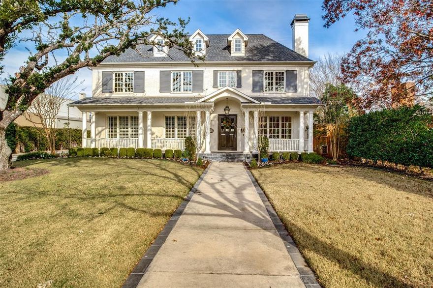 JUST STAGED A NEW LOOK. Elegant traditional in PRESTON HOLLOW. Covered front porch extends across the entire front of the home.  Gorgeous wide marble entry opens to dining room n living area w gas fireplace. Kitchen and breakfast room open to 2nd living area overlooking covered patio w wood burning fireplace and 50 thousand gallon pool w hot tub and fountains. Chefs kitchen includes commercial appliances Wolf and Viking. 2 study's one w outdoor access perfect for todays at home offices. Gorgeous hardwoods. Master suite down w sitting area and washer dryer. ELEVATOR. 4 additional bedrooms up with en-suite baths. Huge game room w full bath. Full size laundry room up.  Storage galore. Oversized 3 car garage!