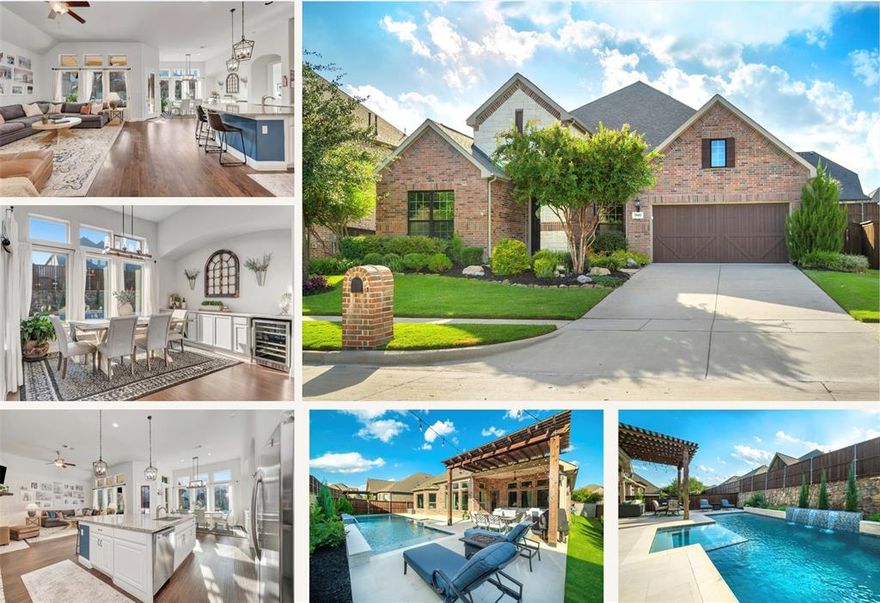 This stunning single-story home offers 3 bedrooms, 2 bathrooms, plus a dedicated office in Trinity Falls, one of the area’s most desirable master-planned communities. From the moment you step inside, you’ll be impressed by the 12-foot ceilings, 8-foot doorways, and elegant engineered wood floors that flow seamlessly throughout.
At the heart of the home, the chef-inspired kitchen boasts a massive island, stainless steel appliances, abundant cabinetry, and open sightlines to the spacious living and dining areas—perfect for gatherings and everyday living.
The luxurious primary suite features a spa-like bath with dual vanities, soaking tub, separate shower, and a walk-in closet. Secondary bedrooms are thoughtfully designed with flexibility in mind, while the private office makes working from home both quiet and convenient.
Step outside to your own backyard retreat! A spectacular 40’ x 15’ pool with LED lights, bubblers, Hayward equipment, 6-foot depth, and oversized spa creates the ultimate entertaining space. An expansive covered patio ensures year-round outdoor enjoyment.  Trinity Falls is a 2,000-acre master-planned community with incredible amenities: 2 swimming pools, 2 clubhouses, fitness center, dog park, multiple playgrounds, splash pads, a sprawling 350-acre natural park with trails, fishing lakes, amphitheater, & an 18-hole disc golf course. Award winning Frazier Elementary School is right in the neighborhood enhances—all this just minutes from shopping, dining, and major highways!