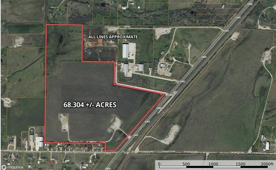 Approximately 68.304 total acres, with 1 acre in the City of Ponder, zoned Agricultural. The remaining approximately 67 acres are outside of the city limits and unzoned.