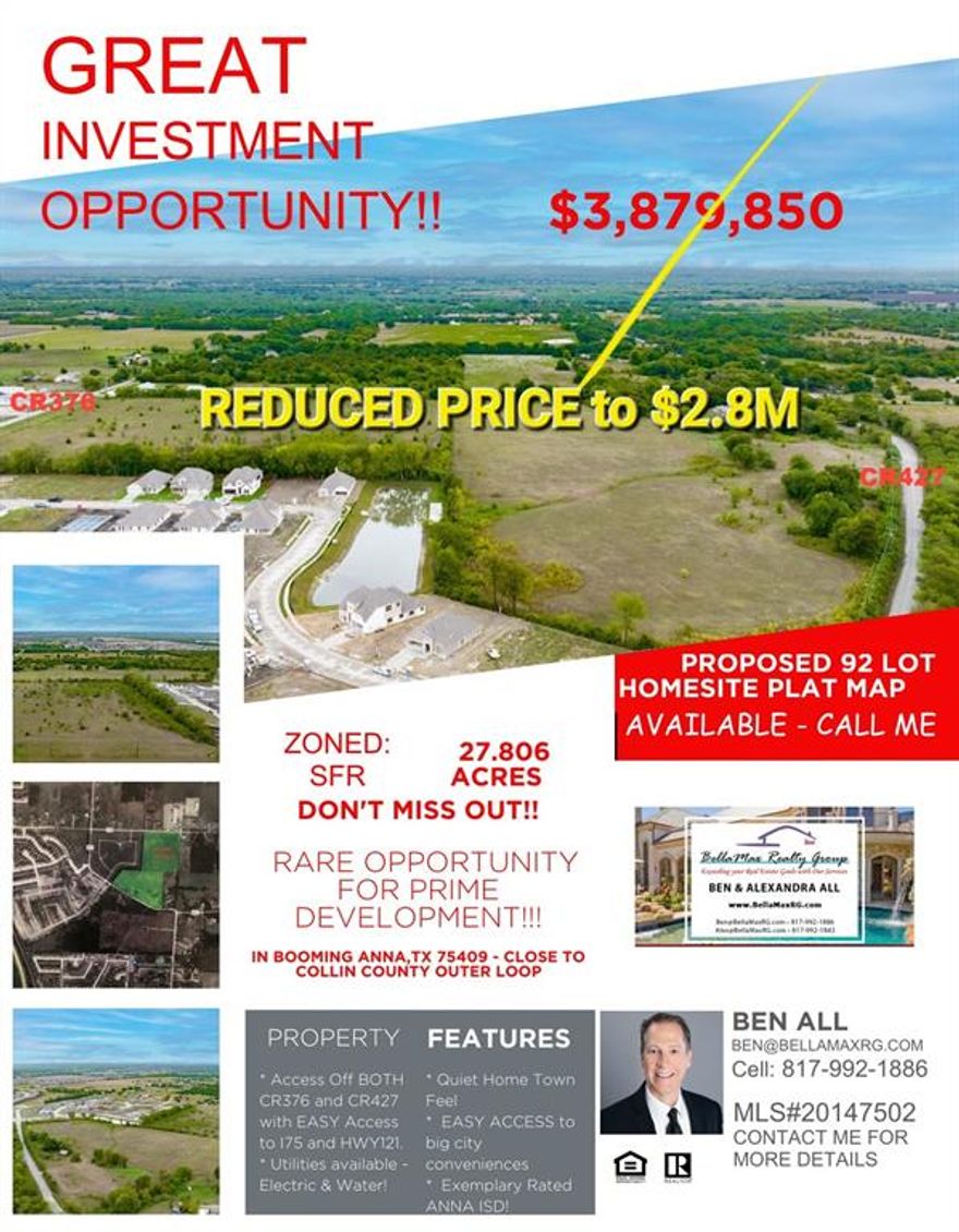 Don't Miss Out - GREAT INVESTMENT OPPORTUNITY in PRIME LOCATION! Preliminary plat for 92 lot Single Family Residential DEVELOPMENT - Close to Collin County Outer Loop, Hwy 121 and Hwy 5.  Beautiful 27+ ac treed parcel with Access off BOTH CR376 and CR427 within GROWING Anna City Limits.  Survey and Proposed 92 Lot Homesite Plat Map in Supplements. City Water and electricity available at the street.  Unique location with extensive road frontage on both CR 376 to the north and CR 427 to the south.  Great Development Opportunity offering the BEST OF LOCATIONS - Quiet Small Town Feel away from the Hustle and Bustle - yet EASY ACCESS to the big city conveniences - Shopping, Dining, Sporting Events, and other Entertainment! 
PROPERTY IS ZONED SFR FOR SOUGHT AFTER ANNA ISD. EASY ACCESS TO HWY 75 & HWY 121.
       **BE SURE TO SEE OUR VIDEO TOUR IN MLS**