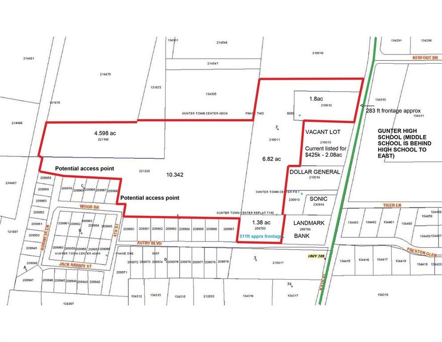 You cannot find better located land in Gunter, a city on the growth path. Very reasonably priced considering location, and size. Frontage on Preston Rd and Autry Blvd. Entry point may be made from 4th St and Robineta Ln also. Multiple plats - develop one at a time or or all together. Residential and commercial possibilities....You won't find a better land in Gunter once this is gone. NOTE: BUYER IS RESPONSIBLE FOR CONFIRMING ALL DETAILS RELATED TO ZONING, ROAD EXTENSIONS, USAGE, UTILITIES, EASEMENTS, ETC. The seller has a survey that will be provided to the buyer. If the lender or title company requires a new survey, the buyer pays for new survey. See attachment for plat details, parcel ids, etc.