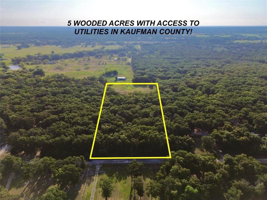 5 wooded acres in Kaufman County with relaxed restrictions, access to utilities, and a more private natural setting for your future homesite or recreational use. This tract offers roughly 300 feet of road frontage along R and R Circle and a heavily wooded layout that gives buyers a different feel than the more open pasture tracts nearby. Trinity Valley Electric Co-op is available at the road frontage, West Cedar Creek MUD is the water provider, and aerobic septic will be needed. Manufactured, modular, site-built homes, barndominiums, and more are allowed, with a 700-square-foot minimum and room for horses, goats, and chickens. No HOA, no known flood zone, and convenient access to Kaufman, Cedar Creek Lake, and the greater DFW area.