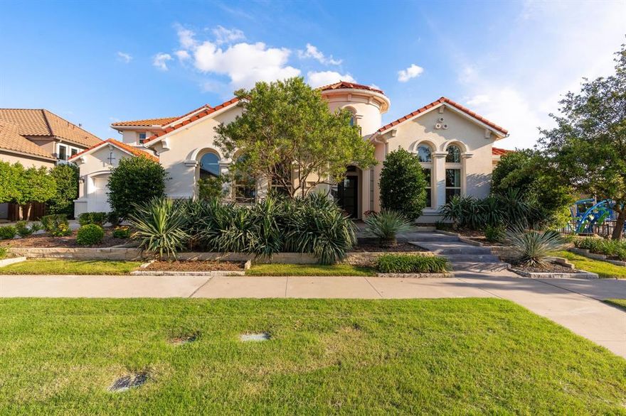 Custom Mediterranean style, tile roof and stucco JR Landon's Model home, Monterey collections Executive luxury series of guard-gated LEXINGTON COUNTY with Top Rated Frisco ISD schools, North facing home with open floor plan, designer finishes, stunning floors throughout. With a generous living space of over 5129 square feet, this residence offers ample room for both relaxation and entertainment. The living area is a seamless blend of comfort and luxury with featuring 3 large sliding glass doors, opening into patio with motorized bug screen. The state-of-the-art gourmet kitchen is a chef’s delight, equipped with top-of-the-line appliances, custom cabinetry, commercial vent hood and quartz countertops. Main Floor features two bedrooms, gameroom, living, dining, breakfast, office and media. furniture negotiable with good offers. Conveniently located near premier shopping, dining, and entertainment. Community pool, gym and club house.