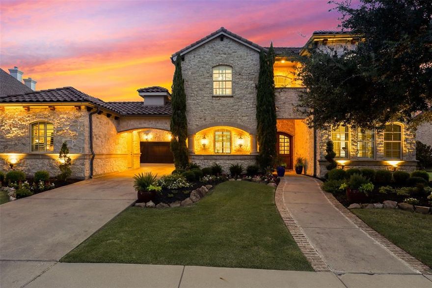 RARE FIND!! One of just a few homes located in Frisco ISD that backs to Lake Lewisville and Corp land. Located in a gated-community, this home is on a cul-de-sac across from a greenbelt that overlooks a community pond and fountain. This Mediterranean offers 5 bedrooms with ensuite baths, 6 fireplaces, 2 utility rooms and upgrades galore including herringbone nailed down hardwood floors, pro grade kitchen with built-in appliances, wine grotto, and more! Extensive outdoor living overlooking lake with spiral staircase to large upper balcony. This former Make-A-Wish Parade Home has been updated extensively, well maintained & built for entertaining! Light, bright & airy! This could be the home of your dreams!!