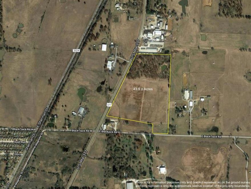 Prime real estate investment located in fast going Aubrey Texas just north of Dallas. 43.9 ± acres with over 1,610 feet ± of road frontage on Highway 377 and additional frontage on Blackjack Road. Desirable location just outside of Aubrey City limits. Ag exempt with income-producing coastal pastures and irrigation pivot. Sandy loam soil. Additional 60 acres available adjoining to the east. Easy access to DFW metroplex. 50 minutes to DFW International Airport and Downtown Dallas.