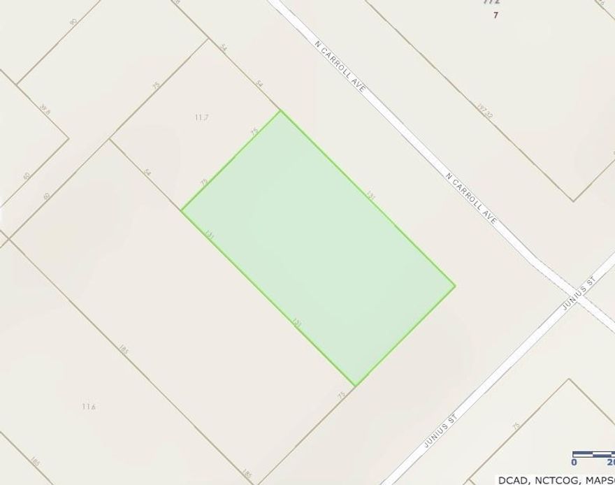 This lot can be purchased by itself or with a suite of others. 4411 Junius Street, 801 N Carroll as well as a historic home located at 713 N Carroll. Each of these properties are listed seperately in MLS. If all for parcels are purchased together the owner would have .75 acres of land. 
Current owner does not have a survey. New survey at buyers expense
