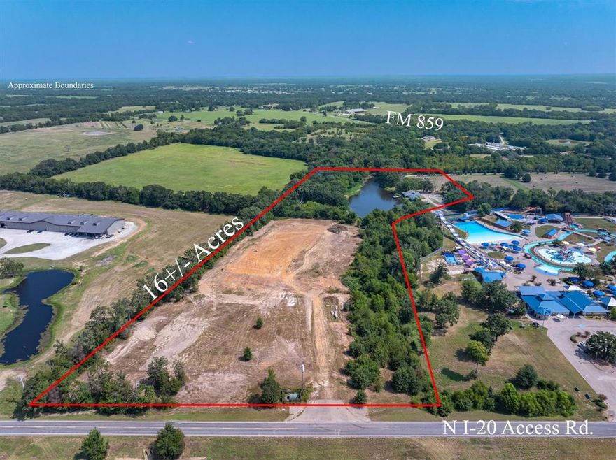 16 +- acres of High visibility Interstate 20 location excellent for restaurants, hotel, retail, or recreational businesses next to very visible tourist attraction Splash Kingdom Water Park.  Property is partially cleared, getting you one step closer to breaking ground.  Land offers many trees, pond with dock, plus a house structure.  Canton is the county seat for Van Zandt County and has the world famous First Monday Trade Days every month. The area is an ideal tourist destination with lakes, parks, recreational opportunities nearby and a growing population for those looking for an escape from bustling metro areas to an easier going rural like lifestyle. Canton Economic Development Corporation may provide economic assistance for newly created businesses and job opportunities for the area. Buyers will be responsible for engineering, designing, road and infrastructure improvements, and any related costs to develop the lot.