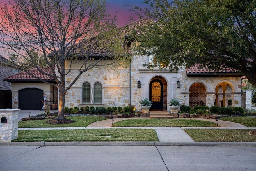 Beautifully updated and recently remodeled home in the gated community of Shaddock Creek Estates featuring a Mediterranean modern style and thoughtful upgrades throughout. Grand staircase and soaring ceilings open to spacious living areas and a well-appointed kitchen ideal for entertaining. Main level includes a private study with built-ins, secluded primary suite with spa-like bath and large custom closet, secondary bedroom, and wine cellar. Just off the dining room, an intimate outdoor sitting area offers the perfect spot for morning coffee. Upstairs offers three additional bedrooms, a large game room, and media room with beverage fridge and microwave. Backyard retreat features a newly installed pool with generous lounging space plus a covered patio with outdoor kitchen and fireplace. Conveniently located near The Star, Universal Kids Resort, and PGA Frisco, home to two championship courses, luxury dining, and premier shopping.