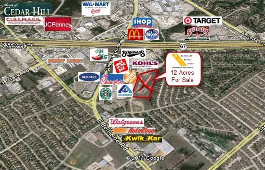 Nestled around one of the busiest intersections in Cedar Hill, this 12 acre parcel sits immediately behind the Cedar Hill Crossing mall. This property is accessible from Showcase Dr. on the east and through easements from the mall on both the East and West sides of Home Depot. Excellent property for long term stay hotel suites, nursing facilities or family oriented activity centers. Many opportunities exist for this parcel.