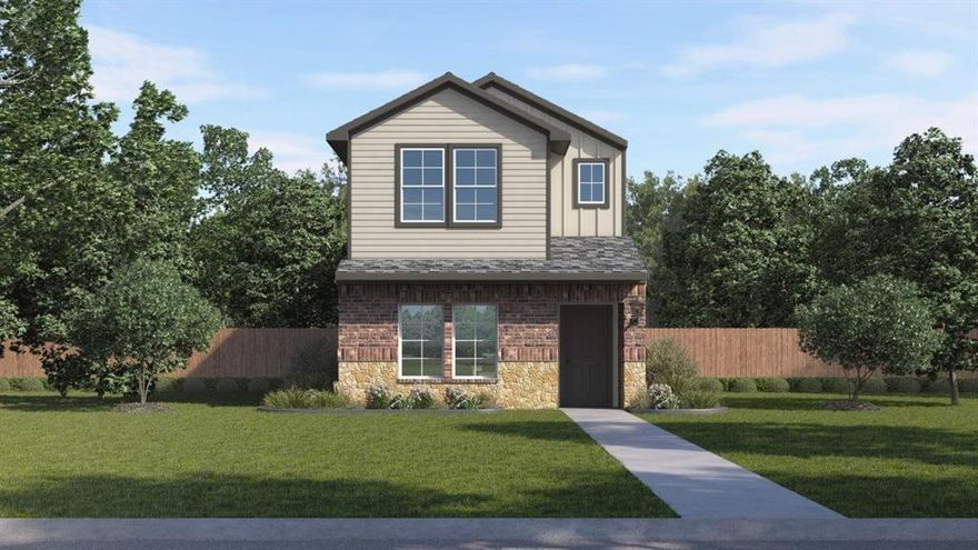 The Concord plan by D.R. Horton in the California Meadows community in Arlington, Texas, offers a modern and spacious two-story home with approximately 1,750 sq. ft. of living space. This home includes 4 bedrooms, 2.5 bathrooms, and a 2-car garage. A welcoming front porch and entry leading into an open-concept layout that seamlessly connects the dining, living, and kitchen areas, ideal for both family time and entertaining guests. A well-appointed kitchen featuring painted cabinetry, a generous walk-in pantry, quartz countertops, a large island, stainless steel appliances with gas cooking range. The dining room opens to a relaxing outdoor covered patio, providing a perfect space for outdoor enjoyment. A convenient powder bath located off the kitchen for guests' use. Vinyl flooring throughout the foyer, dining, kitchen, and family room, bathrooms, and utility room. Upstairs, the spacious Bedroom 1 suite provides a private retreat with quartz countertops, walk-in shower, a walk-in closet, and a private bathroom. Three additional bedrooms and a secondary bathroom provide ample space for family and guests. The laundry room is conveniently located upstairs. You’ll also enjoy smart home features, from your couch or from 500 miles away. You’ll never be too far from home with America’s smart home. The Concord plan offers a blend of comfort and style, ideal for families looking for a spacious home.