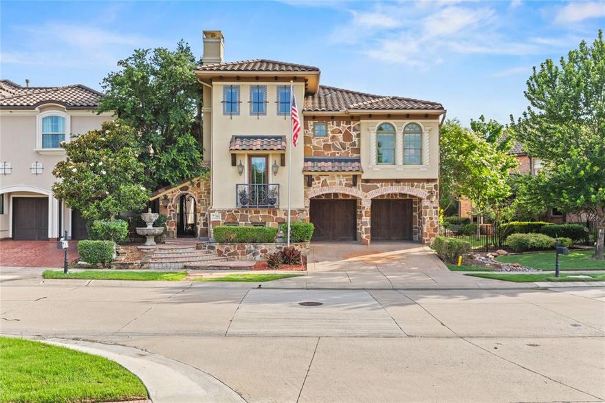 Discover a unique slice of paradise in this exquisite Global Luxury property located in the heart of Plano, TX. Nestled near Highway 121 and The Colony, this exceptional Sotherby custom home provides seamless access to premier shopping and dining while offering a serene escape uncommon in Texas.

Luxuriate in the sophisticated elegance of this four-bedroom, four-bath residence marked by its striking stone and stucco façade and Mediterranean tiles. As you step inside, you are greeted by soaring vaulted ceilings and richly hued warm woods that blend seamlessly with custom tiles. The expansive, fully loaded kitchen is a chef's dream, showcasing Viking appliances and elegant granite countertops, providing a flawless setting for culinary creations.

The main level features a sumptuous primary suite that overlooks a stunning pool, complete with a spa and fountains—your personal oasis retreat. Entertain with flair in the inviting formal dining room adorned with intricate brick detailing or unwind in the wine cellar by the cozy fireplace. A luxurious study with its own fireplace offers a sophisticated space for work or relaxation.

Upstairs, entertainment is at your fingertips in the dedicated recreational area. Gather friends and family in the game area with a pool table, enjoy cinematic experiences in the media room, and treat guests at the wet bar. The second floor further accommodates with a second primary suite boasting a private sitting area and two additional bedrooms, each with its own bath, perfect for versatility and comfort.

The exterior harmoniously blends with nature, backing onto a green area and fronting an open park. This home's Mediterranean charm and unique location make it a sanctuary of luxury living.