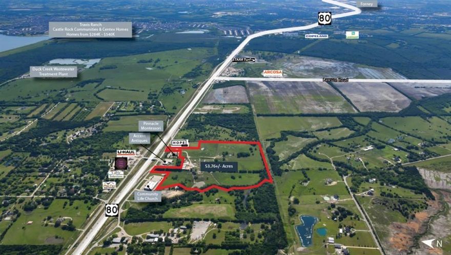 Vanguard Real Estate Advisors (“VREA”) has been exclusively retained by Ownership to offer developers and investors to purchase 53.76+- acres (the “Site”) located at 618 US Highway 80 E in Sunnyvale, TX. The Site has dual zoning, with 18.942+- acres zoned Single Family (SF-3), which allows for single family on a minimum of 1-acre lots, and the remaining 34.82+- acres zoned Highway Commercial, which accommodates a variety of commercial uses by right as well as light industrial uses through a special use permit (SUP).

The Site is situated in a prime location with direct frontage on US Highway 80, a major east-to-west thoroughfare in the Dallas Metroplex. The Site is located approximately 5 miles north of Interstate 20 and 5 miles south of Interstate 30, providing excellent regional accessibility. Located just 15 miles east of Downtown Dallas, the Town of Sunnyvale has experienced a 9.1% increase in population over the past three years. This growth reflects Sunnyvale’s ongoing development and the Town’s appeal as a premier destination within the Dallas-Fort Worth Metroplex.