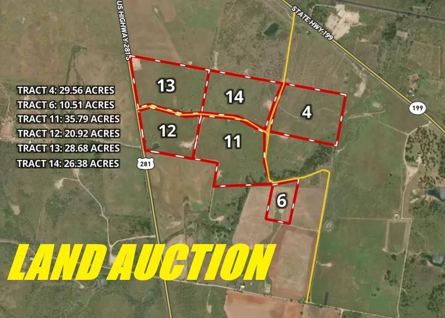 $3000 PER ACRE IS THE OPENING BID FOR EACH OF THE 6 TRACTS, TOTALING 152 ACRES, BEING OFFERED FOR SELL IN A LIVE AUCTION ON SATURDAY, NOVEMBER 15TH AT 11AM. Auction Registration begins at 9am. Offering 6 separate Tracts, all prime homesites with road frontage, For Sale in a Live Auction. The Tracts range in size from 10 acres up to 35 acres. Rolling terrain, mature trees, build to suit or own personal taste. As a potential Buyer, you can purchase Any Tract, Combine two or more Tracts together or Buy All 6 Tracts for a Total of 152 acres. Enjoy your privacy with shopping, dining, recreation, and entertainment nearby. Just minutes to downtown Jacksboro with easy access south to Ft Worth and the DFW Metroplex. Sells AS IS. NO CONTINGENCIES related to Financing, Post Sale Inspections or Appraisals and NO OPTION PERIOD. 10% Buyer's Premium will be added to the High Bid to constitute the Total Contract Price. Buyer's Premium is paid the day of the Auction by Cash or a Personal or Business Check will be accepted when accompanied by a Bank Letter of Guarantee or other Proof of Funds. Remaining Balance is due on December 30, 2025 by 5:00pm at Doster Law Group, a Fair Texas Title company in Denton, by Cash, Financing or a combination of both.