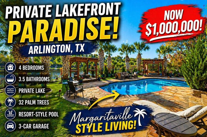 Rare, one-of-a-kind, resort-style lakefront retreat in the heart of the DFW Metroplex, tucked away on a quiet cul-de-sac and set on a beautifully landscaped .34-acre lot with direct frontage on a private lake and framed by 32 mature palm trees that create a serene, tropical atmosphere and everyday vacation vibes just minutes from town. Lush landscaping is irrigated directly from the lake, allowing you to enjoy stunning grounds without high water bills. Impressive open, light-filled living spaces designed for both everyday comfort and exceptional entertaining, including a grand living room and game room with panoramic lake views, custom wet bar, new wine fridge. The kitchen flows seamlessly into the den and formal dining area, making hosting family gatherings, dinner parties, and holidays effortless. The oversized primary suite serves as a private sanctuary with a spa-inspired bath and direct backyard access, perfect for enjoying peaceful mornings overlooking the pool, palms, and shimmering water. Step outside to your private oasis featuring a sparkling resort-style pool, flagstone decking and covered porch, expansive deck, private sauna with lighting and music, two powered gazebos, custom outdoor lighting, and breathtaking sunset views. This home offers peace of mind with a new Lennox HVAC system and condenser with 10 yr warranty, new roof, two 200-amp electrical panels, updated plumbing from meter to home, remodeled kitchen and downstairs areas, rod iron fencing, new front courtyard, 2 storage sheds including a greenhouse-style structure, 32 outdoor electrical outlets throughout yard & lakefront, custom outdoor lighting, and a 12-camera outdoor security system. An oversized three-car garage with a heated and air-conditioned half bath. More than a home, it's a lakefront lifestyle offering luxury, privacy, and comfort, where every day feels like a retreat and opportunities like this rarely come to market.