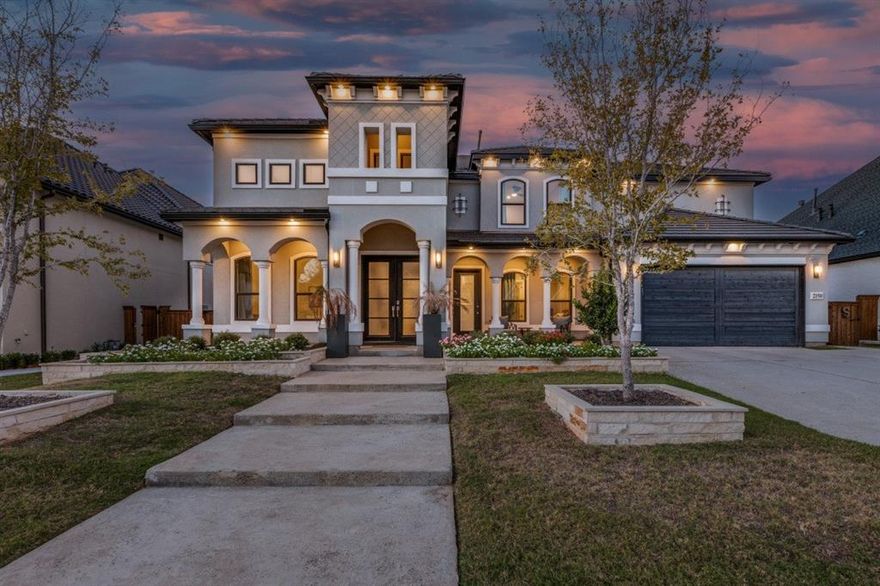 This stunning Mediterranean-style estate blends luxury with modern convenience, featuring elegant architectural details such as arched entryways, a terracotta tile roof, and a stucco exterior that create timeless curb appeal. Inside, soaring ceilings in the foyer, dining room, office, family room, and covered patio enhance the open and airy feel throughout. A standout feature is the private multi-generational (MIL) suite, complete with its own en-suite bath, walk-in closet, and separate entrance—ideal for extended family or guests seeking privacy. The home is equipped with smart technology for control of lighting, climate, irrigation, garage door, and security systems, and includes upgrades such as an enhanced lighting package, eggshell paint finish, and expansive 4-panel sliding glass doors that seamlessly connect indoor and outdoor living. The gourmet kitchen, inspired by luxury builder designs, showcases upper cabinets with glass accents and a striking 12-foot quartz island with waterfall edges, perfect for entertaining. Conveniently located just minutes from the Dallas North Tollway, the property offers easy access to shopping, dining, and city amenities while being nestled in a peaceful, amenity-rich community with resort-style features including pools, tennis courts, and a clubhouse, along with a spacious 3-car garage and flexible living spaces ideal for modern lifestyles.