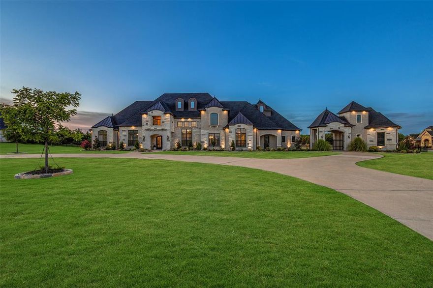 Stunning single story J Anthony Custom Home on 2 acres with ALL the amenities designed for entertaining! From the moment you step into the elegant foyer overlooking the pool you will be amazed at the attention to detail. Find tall ceilings, remarkable chandeliers, an incredible study with glass walls, media room with attached living space, designer finishes and a Great Room with cathedral ceilings & large windows. The kitchen features double islands, a granite farmhouse sink, built in Thermador frig, freezer & commercial range and a large walk in pantry with double ovens. The Primary Suite has a beautiful foyer to welcome you in, fireplace and a ensuite bath with dual vanities with marble counters, double shower heads, oversized closet and private gym. All 5 bedrooms have ensuite baths with premium tile. Find 2 separate garages for 4 cars & circle drive for guests. Enjoy the heated pool with water features, extended patio, fully fenced yard, exterior lighting. South facing, Lovejoy ISD