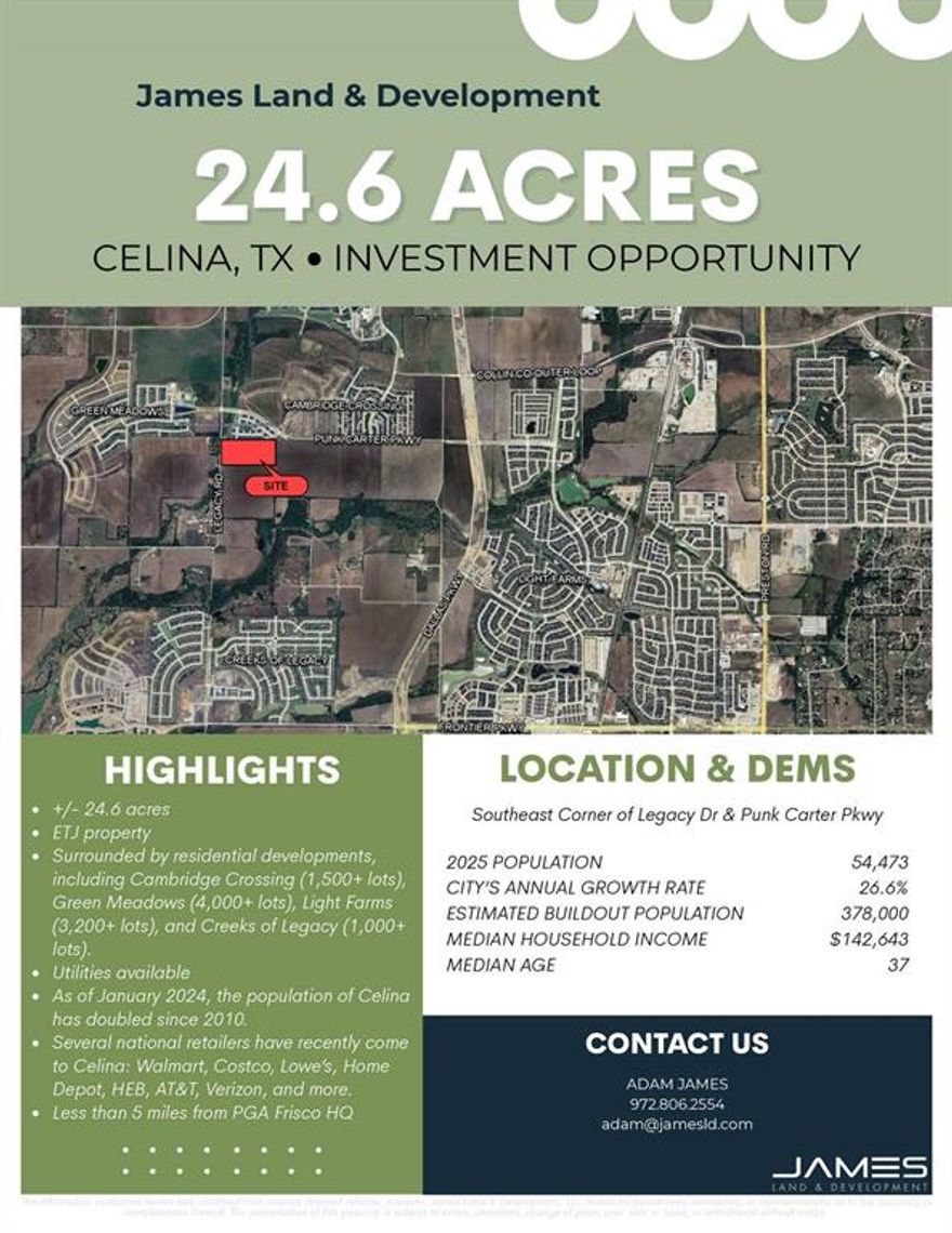 Prime 24.61-Acre Investment Opportunity. Seize this great opportunity to acquire prime real estate in Celina, the nation's fastest growing city! This expansive property is ideal for residential, commercial, or mixed-use development. Strategically positioned less than 2 minutes from the Dallas North Tollway and surrounded by large master-planned communities, this property has tremendous potential. The land features a favorable topography, making development efficient and cost-effective. City Water and City Sewer are available on-site along Legacy Dr. Currently outside of city limits with ag exemption. Don't miss your opportunity to capitalize on Celina's rapid growth. Contact us today!