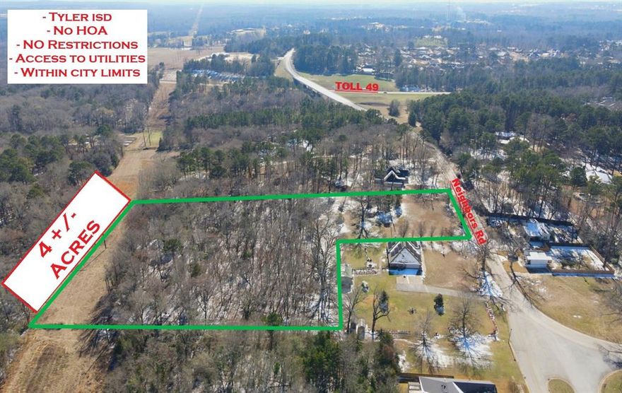 Prime 4-acre tract in a highly desirable Tyler location, just north of Toll 49 and within walking distance to Jack Elementary School. Positioned just south of Cumberland Road—one of Tyler’s main thoroughfares—this property offers excellent access to shopping, dining, and everyday conveniences. The nearby Cumberland Shopping Center features popular retailers including Starbucks, making this an ideal area for both residential living and future investment. Faulkner Park, one of Tyler’s premier recreational destinations, is also just minutes away, offering walking trails, sports fields, and open green space. With its combination of location, accessibility, and proximity to key amenities, this property is well-suited for a primary residence, small development, or long-term investment hold. Opportunities in this part of Tyler with this level of access and visibility are increasingly limited.