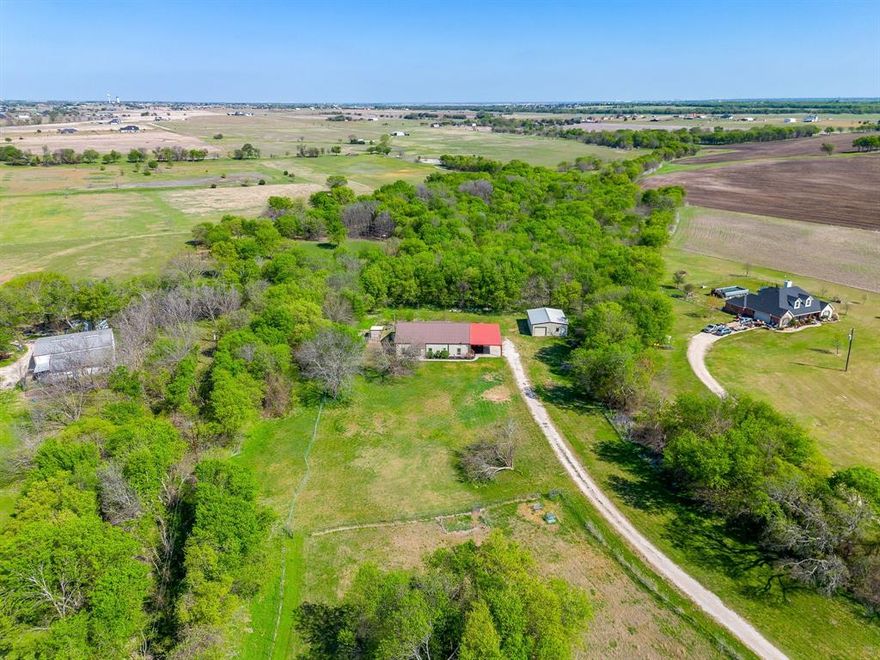 Beautiful custom farmhouse on 6+ treed acres offering peaceful country living just 15 minutes from I-35E. This 4-bedroom, 3-bath home features an open-concept layout with stained concrete floors throughout. The designer kitchen boasts granite countertops, white cabinetry, double ovens, and a large Texas-sized island perfect for gatherings. The main living room is sure to impress with a reclaimed wood accented vaulted ceiling. Split-bedroom floor plan includes a Jack-and-Jill bath, while the spacious primary suite offers dual sinks, granite counters, and a separate shower and tub. Property highlights include ample covered parking, a 1,200 sq. ft. workshop with electric and water (partially insulated), chicken coops, and approximately 1.5 acres fenced with T-posts. Don’t miss this little piece of country heaven!