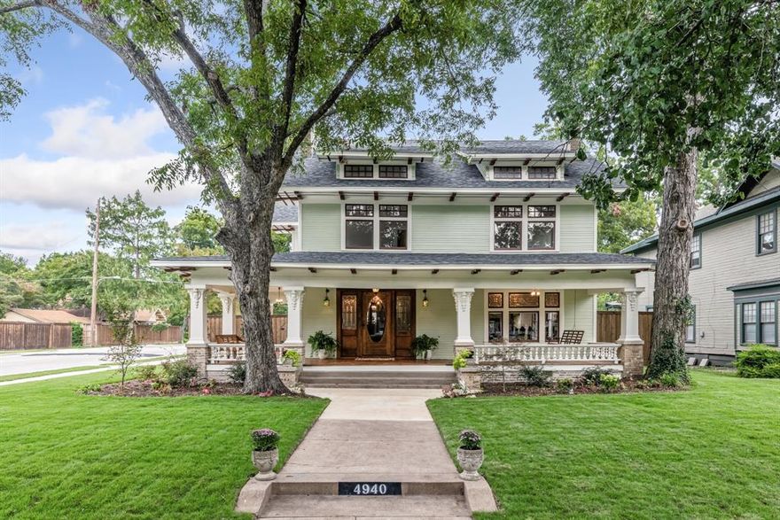 This remarkable 1905 Prairie Four Square stands proudly on a corner lot, long believed to be an original showcase residence when the neighborhood was first built. Rising across three stories, it blends the clean lines of Prairie architecture with elegant Victorian-inspired accents for a timeless presence.

The home has undergone a period-accurate designer finish-out, honoring its history with extraordinary attention to detail. Highlights include mahogany interior doors with massive pocket doors, beautifully restored original door and window hardware, and operable double-hung windows with rope-and-pulley balances. Throughout the home you’ll also find glowing heart pine floors, hand-printed wallpaper, push-button light switches, and glittering chandeliers—all thoughtfully curated to evoke early 20th-century elegance.

Spacious rooms flow effortlessly, with sunlit living and dining areas perfect for entertaining, generous upstairs bedrooms, and a versatile third-floor retreat. All new electrical, HVAC, plumbing, roof, and foundation leveled.

Outdoors, a wide wraparound porch captures the character of the era, while a brand-new two-story detached garage offers modern convenience with ample storage and potential for a workshop or guest quarters.

Rich in detail and history, this home is more than a residence—it’s a true architectural treasure, lovingly preserved and ready to inspire its next chapter