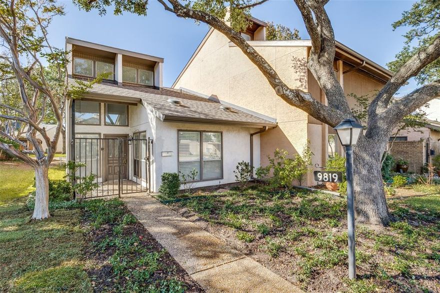 Improve your quality of life in this conveniently located townhome with easy access to airports, shopping, restaurants, college, sporting events, I75, 635, and Dallas North Tollway! Location is everything and this home has it! Enter through a private courtyard gate into a huge open, light filled living room featuring a two story beamed and vaulted ceiling. The kitchen is just the right size with good storage and a pantry. Your dining room features a mirrored wall and contemporary chandelier. A 1970's glam era spiral staircase leads you to a huge opened second living area perfect as a game room, office, or exercise room. Both bedrooms are large with massive walk-in closets. The Primary Bath boasts twin lavatories and lots of storage. The home has tile floors, new carpet, and fresh paint throughout. A closet utility area accommodates your full size washer and dryer. The backyard is fully turfed with an 8 foot privacy fence and direct access to the oversized two car garage.  The friendly Chimney Hill neighborhood has swimming pools, tennis and pickleball courts, green spaces, playground, a dog park and the Landlord pays your HOA dues.  Come make this easy living townhome your new home and improve your quality of life today!