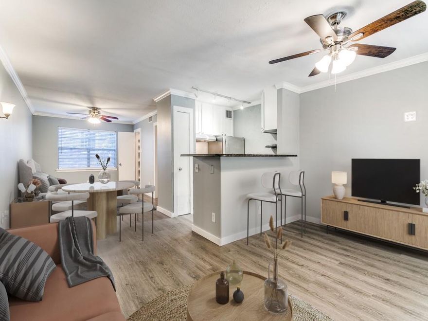 LOCATION!! LOCATION!! LOCATION! Find this open, cozy one bed, one bath, staged in the heart of Highland Park.  Walk to shopping needs including healthy and indulgent eating, shopping, and a quick commute to work in the city. Conveniently located near SMU, night life, American Airlines Center, Cedar Springs, with quick access to HWY 75, HWY 35 and the Dallas North Tollway. Need the closet space? No problem, designed shoe space and walk in closet for best use. One assigned parking place. Guest parking available. Security gate walk in entrance, located on second floor for those preferring privacy.